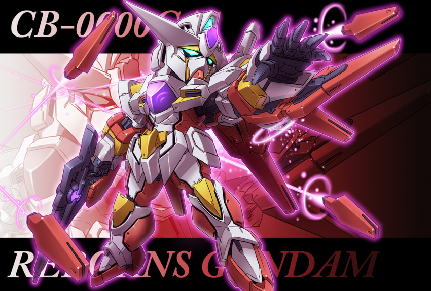 beam_rifle character_name chibi comiket_82 commentary_request energy_gun english_text funnels gn_drive gradient_text gundam gundam_00 king_of_unlucky mecha mobile_suit no_humans outstretched_arm reborns_gundam science_fiction sd_gundam shield solo standing v-fin weapon