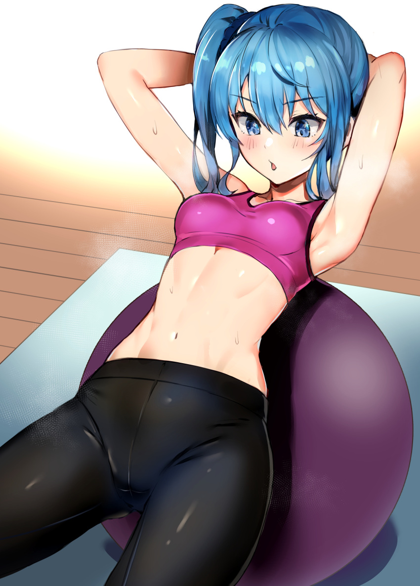 1girl absurdres armpits arms_behind_head arms_up ball bangs black_pants blue_eyes blue_hair blush breasts commentary_request cowboy_shot exercise exercise_ball eyebrows_visible_through_hair hair_between_eyes highres hololive hoshimachi_suisei long_hair looking_away medium_breasts navel pants pink_sports_bra pukara sit-up solo sports_bra star_(symbol) star_in_eye stomach sweat symbol_in_eye virtual_youtuber