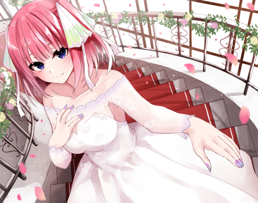 1girl bangs bare_shoulders black_ribbon blue_eyes blunt_bangs blush breasts bride butterfly_hair_ornament cleavage collarbone dress flower from_above fuu_(fuore) go-toubun_no_hanayome hair_ornament hand_on_own_chest highres lace_sleeves lace_trim large_breasts looking_at_viewer multicolored_nails nail_polish nakano_nino petals pink_hair raised_eyebrows red_carpet ribbon smile stairs twintails wedding_dress white_dress