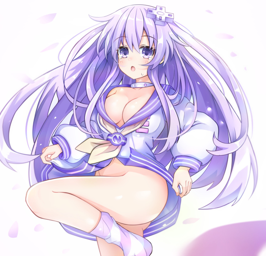 1girl :o ass bare_legs blush bottomless breasts choker cleavage clothes_lift covering covering_crotch cowboy_shot d-pad d-pad_hair_ornament dress dress_lift embarrassed folded_leg giga-tera groin hair_between_eyes hair_ornament highres leg_up legs lifted_by_self long_hair looking_at_viewer medium_breasts navel neckerchief nepgear neptune_(series) no_bra no_panties partially_unbuttoned petals purple_eyes purple_hair sailor_dress solo standing standing_on_one_leg striped striped_legwear tears thighhighs thighhighs_pull thighs upskirt very_long_hair white_dress yellow_neckerchief