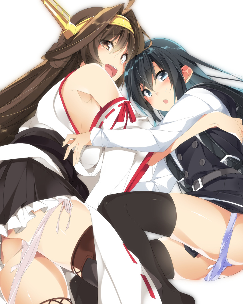 2girls ahoge asashio_(kancolle) black_dress black_hair black_legwear black_skirt blue_eyes blue_panties blush brown_eyes brown_hair detached_sleeves double_bun dress eyebrows_visible_through_hair hair_between_eyes hairband headgear highres japanese_clothes kantai_collection kongou_(kancolle) long_hair long_sleeves mtu_(orewamuzituda) multiple_girls nontraditional_miko open_mouth panties panty_pull pinafore_dress pleated_skirt remodel_(kantai_collection) ribbon-trimmed_sleeves ribbon_trim shirt side-tie_panties simple_background skirt thighhighs underwear white_background white_panties white_shirt wide_sleeves