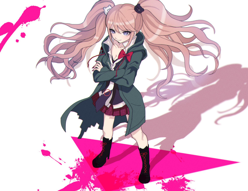 1girl bangs bear_hair_ornament black_footwear black_necktie blonde_hair blood blue_eyes boots borrowed_garments bow breasts cleavage closed_mouth collarbone collared_shirt crossed_arms danganronpa:_trigger_happy_havoc danganronpa_(series) danganronpa_2:_goodbye_despair enoshima_junko eyebrows_visible_through_hair green_jacket hair_ornament highres jacket knee_boots komaeda_nagito large_breasts long_hair long_sleeves looking_at_viewer miniskirt nail_polish necktie pink_blood plaid plaid_skirt red_bow red_nails red_skirt shenmu_(nyx_0) shirt skirt smile solo standing swept_bangs tsurime twintails white_necktie