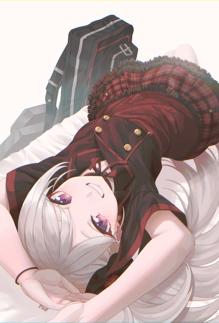 1girl absurdres arms_up bag bangs black_jacket blue_archive buttons commentary double-breasted frilled_skirt frills grin high-waist_skirt highres jacket leegh19769 long_hair looking_at_viewer lying mutsuki_(blue_archive) neck_ribbon on_back on_bed plaid plaid_skirt purple_eyes red_ribbon red_skirt ribbon short_sleeves side_ponytail silver_hair skirt smile solo very_long_hair
