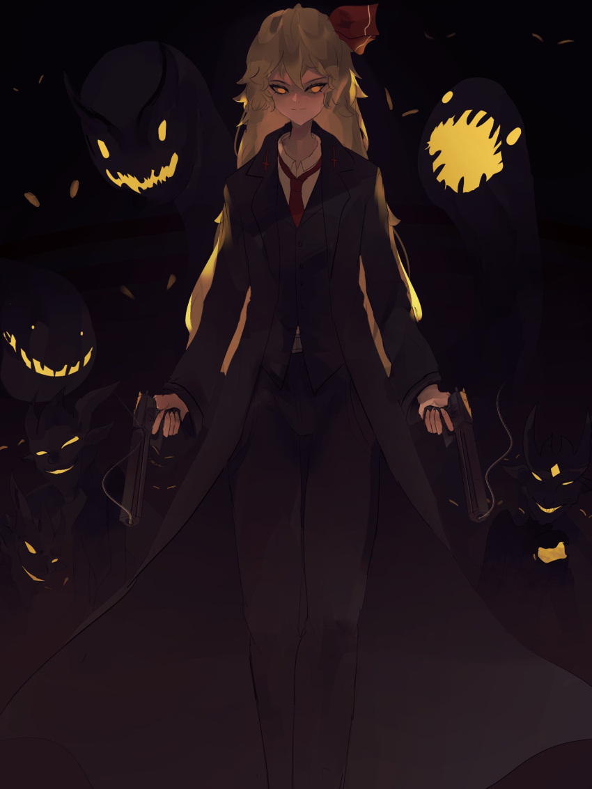 1girl black_suit blonde_hair cross crossover darkness dual_wielding finger_on_trigger formal gun hair_ribbon highres holding inverted_cross long_hair monster naufaldreamer necktie power_connection red_necktie red_ribbon ribbon rumia shirt smoke smoking_gun suit the_darkness touhou trait_connection weapon white_shirt yellow_eyes