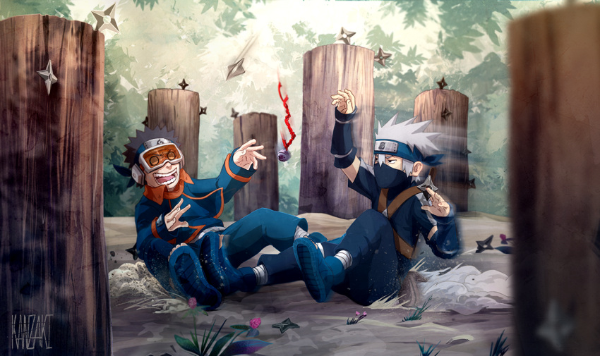 2boys akatsuki_uniform black_hair detached_sleeves english_commentary falling flak_jacket forehead_protector goggles goggles_on_head hair_between_eyes hatake_kakashi jacket kan-z-z-z-aki konohagakure_symbol mask mouth_mask multiple_boys naruto naruto_(series) ninja_mask outdoors reaching red_tail sharingan sliding teeth throwing tree tree_stump uchiha_obito white_hair wide-eyed