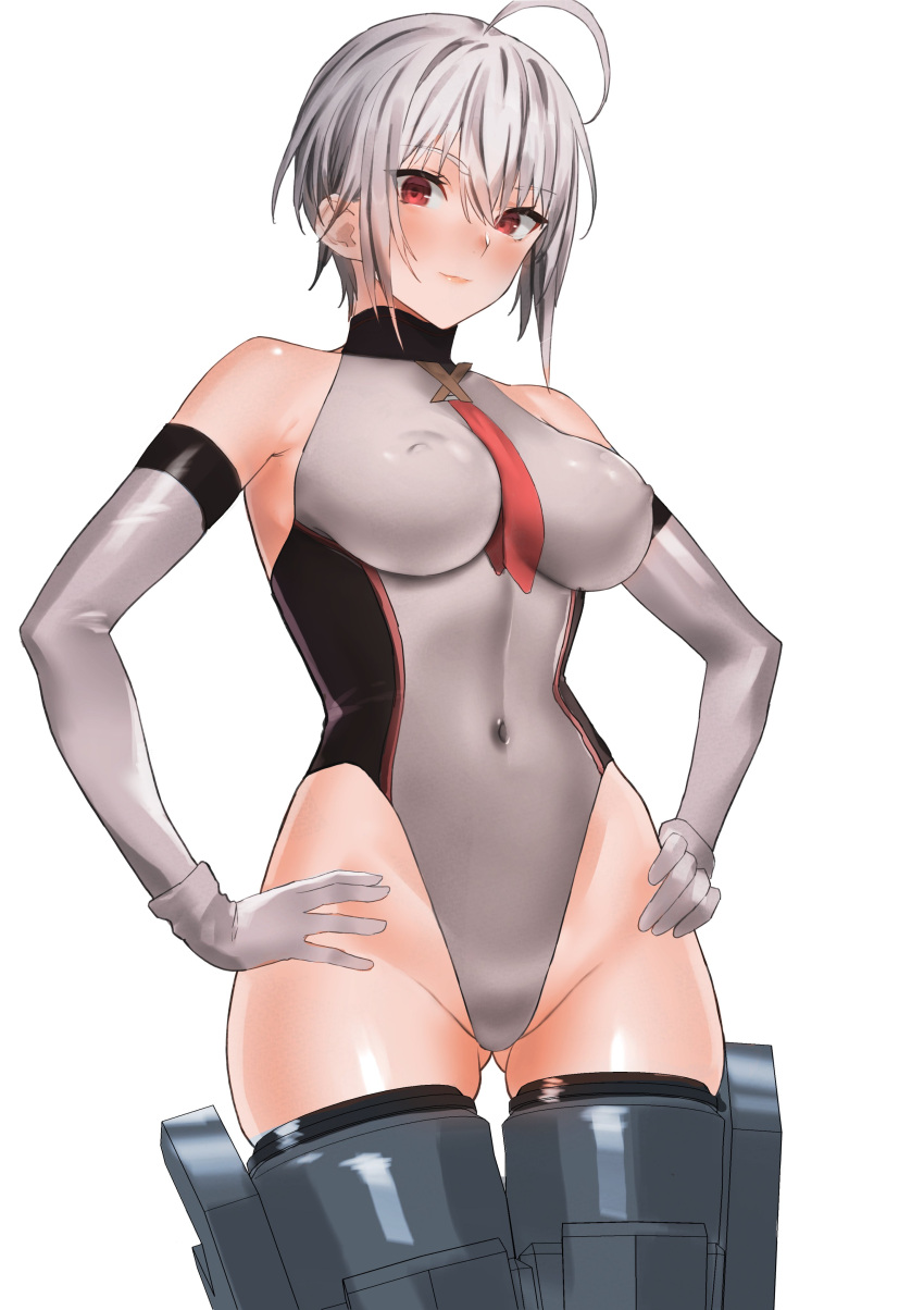 1girl absurdres ass_visible_through_thighs bare_shoulders breasts covered_nipples detached_sleeves elbow_gloves gloves halterneck hand_on_hip highleg highleg_leotard highres large_breasts leotard looking_at_viewer navel original red_eyes sawatari_kazuma short_hair skin_tight skindentation solo thigh_gap thighhighs thighs white_hair