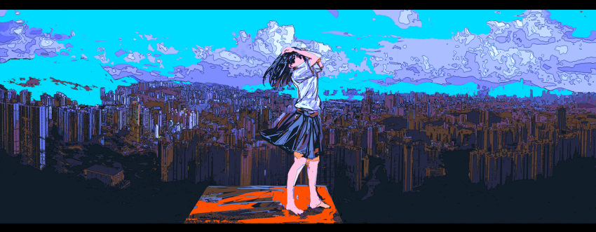 1girl arms_up barefoot black_eyes black_hair blue_sky city cityscape cloud flat_color from_side hands_in_hair highres letterboxed long_hair looking_at_viewer meola original outdoors pleated_skirt scenery school_uniform shirt shirt_tucked_in short_sleeves skirt sky solo standing white_shirt wind