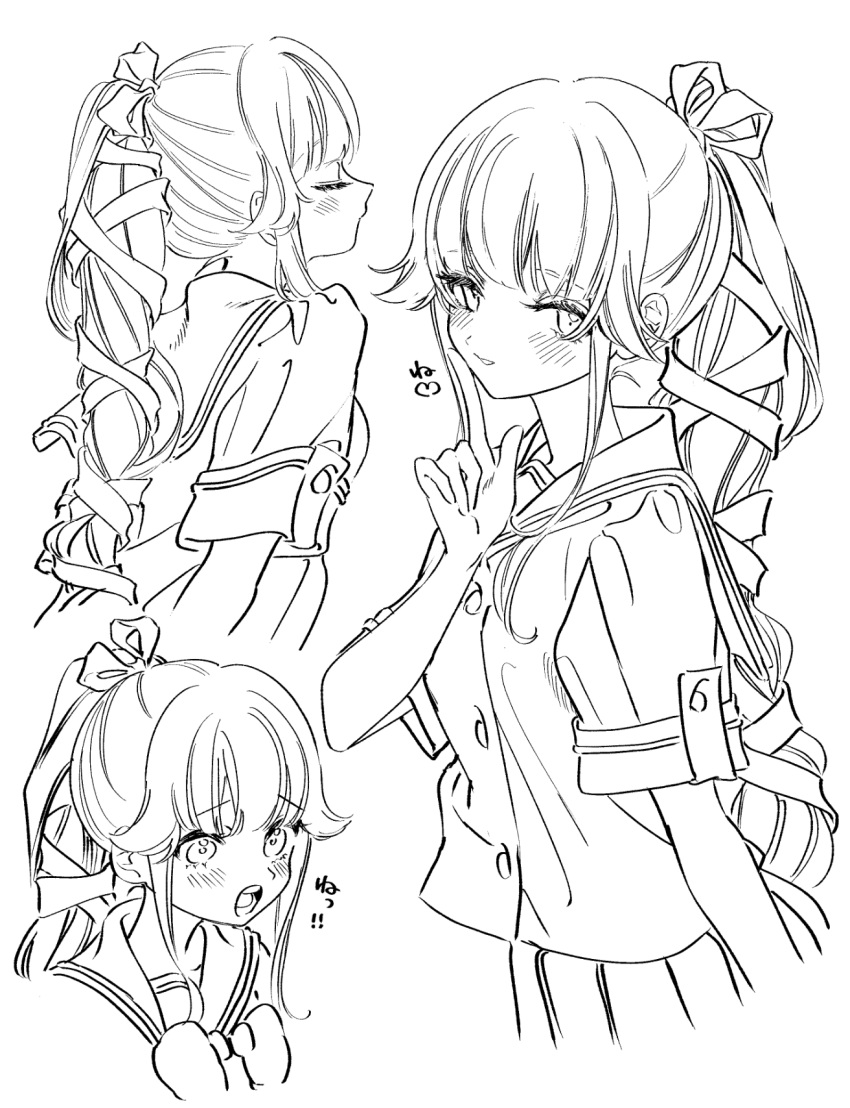 1girl bangs blush closed_eyes deco_(geigeki_honey) eyebrows_visible_through_hair eyelashes greyscale hair_flaps hair_ribbon heart highres index_finger_raised kantai_collection lineart long_hair monochrome multiple_views open_mouth parted_lips ponytail ribbon sailor_collar school_uniform serafuku short_sleeves simple_background very_long_hair yura_(kancolle)