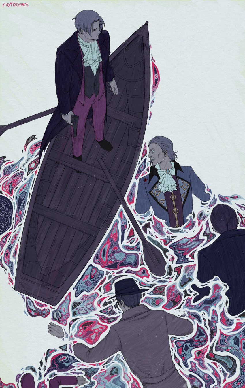 4boys absurdres ace_attorney afloat ascot bangs boat coat from_above gregory_edgeworth gun hair_slicked_back hat highres holding holding_gun holding_weapon male_focus manfred_von_karma miles_edgeworth multiple_boys parted_bangs partially_submerged riotbones standing surreal watercraft weapon yanni_yogi