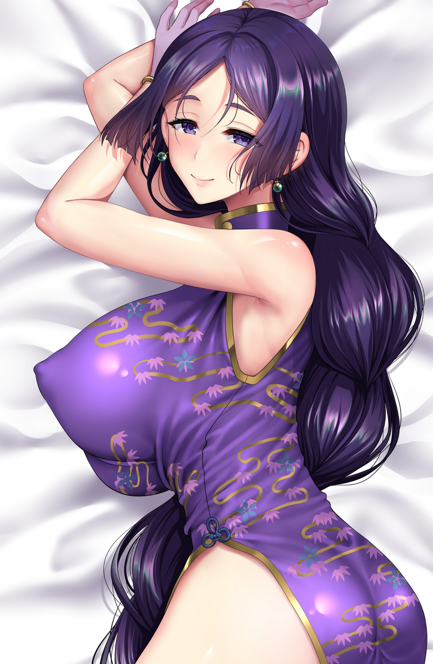1girl absurdres ass bangs bare_shoulders bracelet braid braided_ponytail breasts china_dress chinese_clothes closed_mouth dakimakura_(medium) dress earrings fate/grand_order fate_(series) gloves gold_trim heroic_spirit_traveling_outfit highres jewelry large_breasts long_hair looking_at_viewer minamoto_no_raikou_(fate) parted_bangs purple_dress purple_eyes purple_gloves purple_hair side_slit smile very_long_hair youshuu