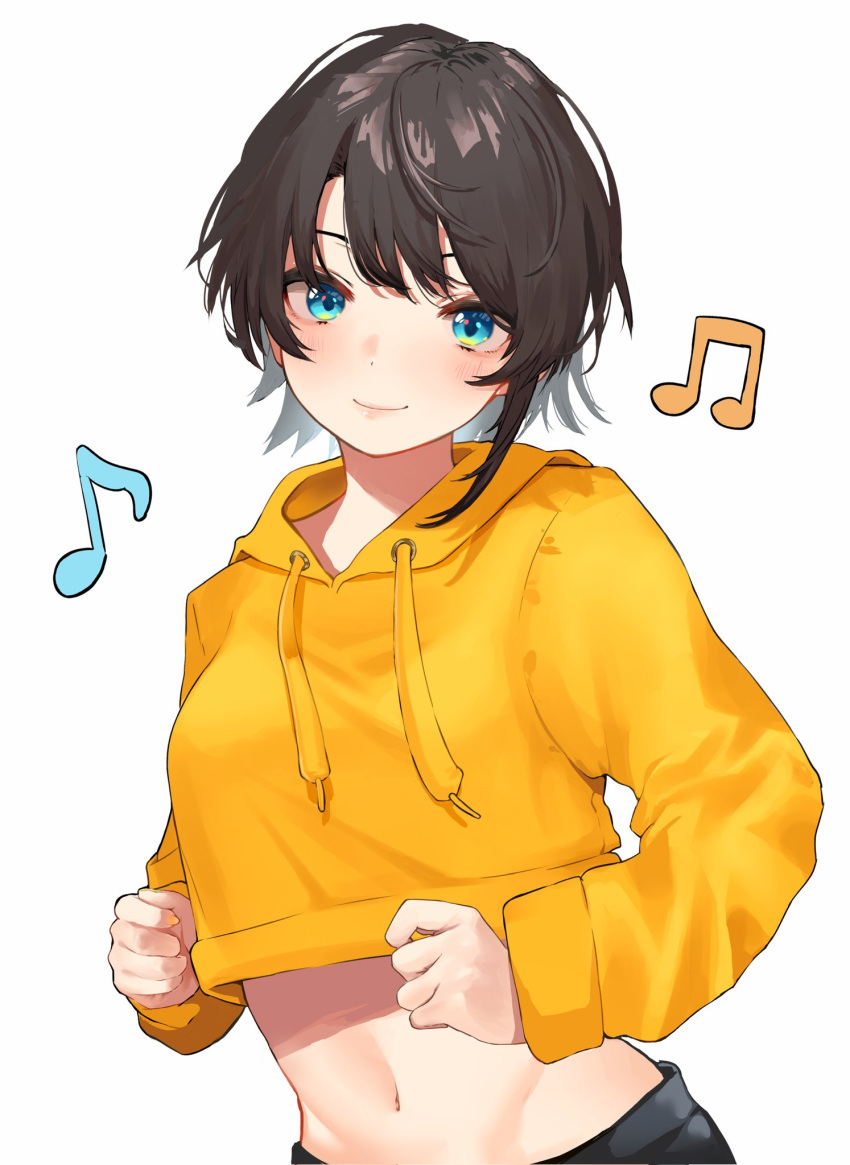 1girl aqua_eyes bangs blue_eyes brown_hair crop_top crop_top_overhang dancing eighth_note highres hololive hood hood_down hoodie long_sleeves looking_at_viewer midriff musical_note nail_polish navel oozora_subaru orange_hoodie short_hair simple_background smile sweater swept_bangs translation_request virtual_youtuber white_background yamada_(iroha97151188) yellow_nails