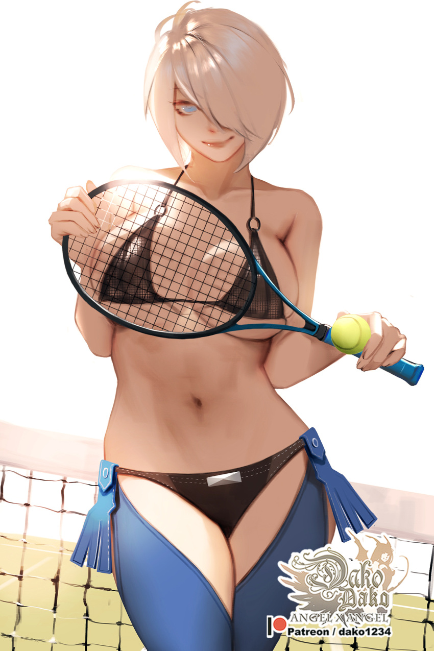1girl angel_(kof) ball bikini bikini_under_clothes black_bikini blue_eyes breasts chaps cleavage closed_mouth commentary cowboy_shot english_commentary hair_over_one_eye highres holding hu_dako large_breasts logo navel one_eye_covered racket short_hair skindentation smile solo string_bikini swimsuit tennis_ball tennis_net tennis_racket the_king_of_fighters underboob white_background white_hair
