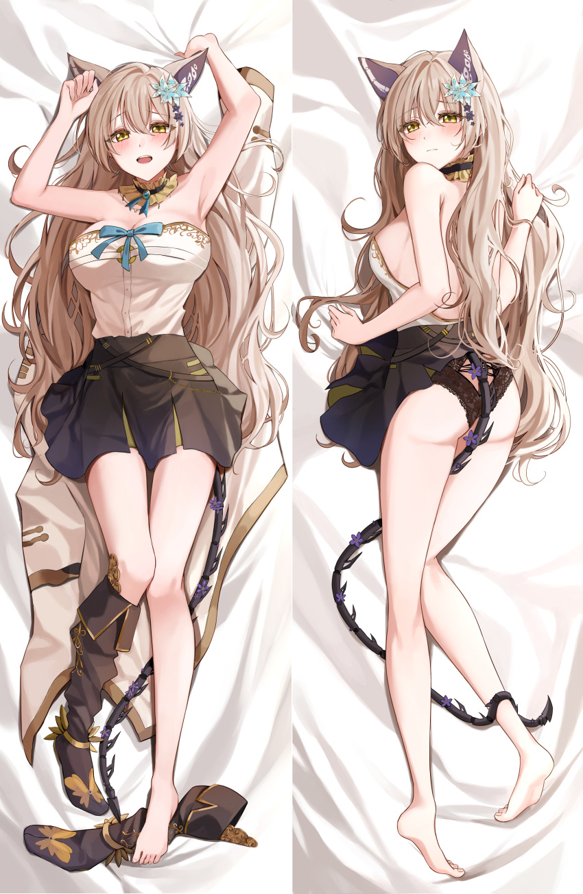 1girl absurdres amyu_(amm_asl_pa) animal_ears armpits arms_up ass backless_outfit bare_legs barefoot bed_sheet black_footwear black_panties black_skirt blue_ribbon blush boot_removed boots breasts cleavage closed_mouth collar commentary dakimakura_(medium) detached_collar embarrassed english_commentary euphemia_chevalier eyebrows_visible_through_hair flower frilled_collar frills from_above full_body furrowed_brow hair_between_eyes hair_flower hair_ornament highres indie_virtual_youtuber knee_boots knees_together_feet_apart lace-trimmed_panties lace_trim light_brown_hair long_hair looking_at_viewer lying mechanical_tail medium_breasts miniskirt mixed-language_commentary multiple_views official_art on_back on_stomach open_mouth panties ribbon sheet_grab shirt sideboob single_boot skirt strapless strapless_shirt tail underwear virtual_youtuber wavy_hair white_shirt yellow_eyes