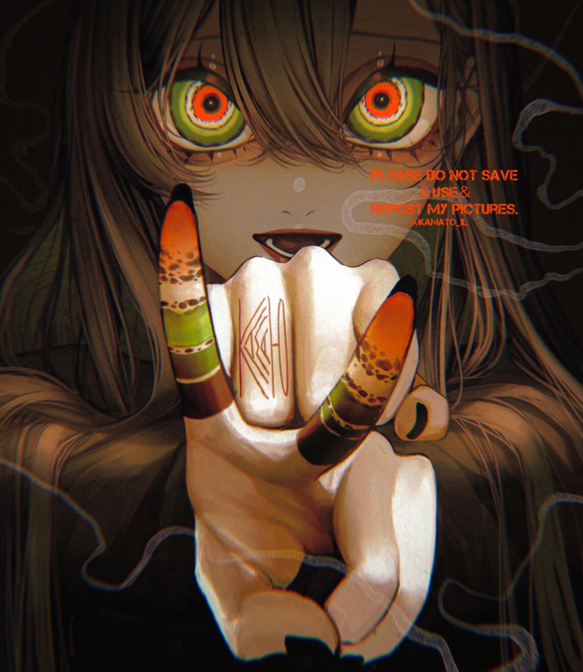 1girl black_nails chromatic_aberration dark green_eyes hair_between_eyes hands_up highres kamato_il looking_at_viewer multicolored_eyes open_mouth original portrait red_eyes smile solo