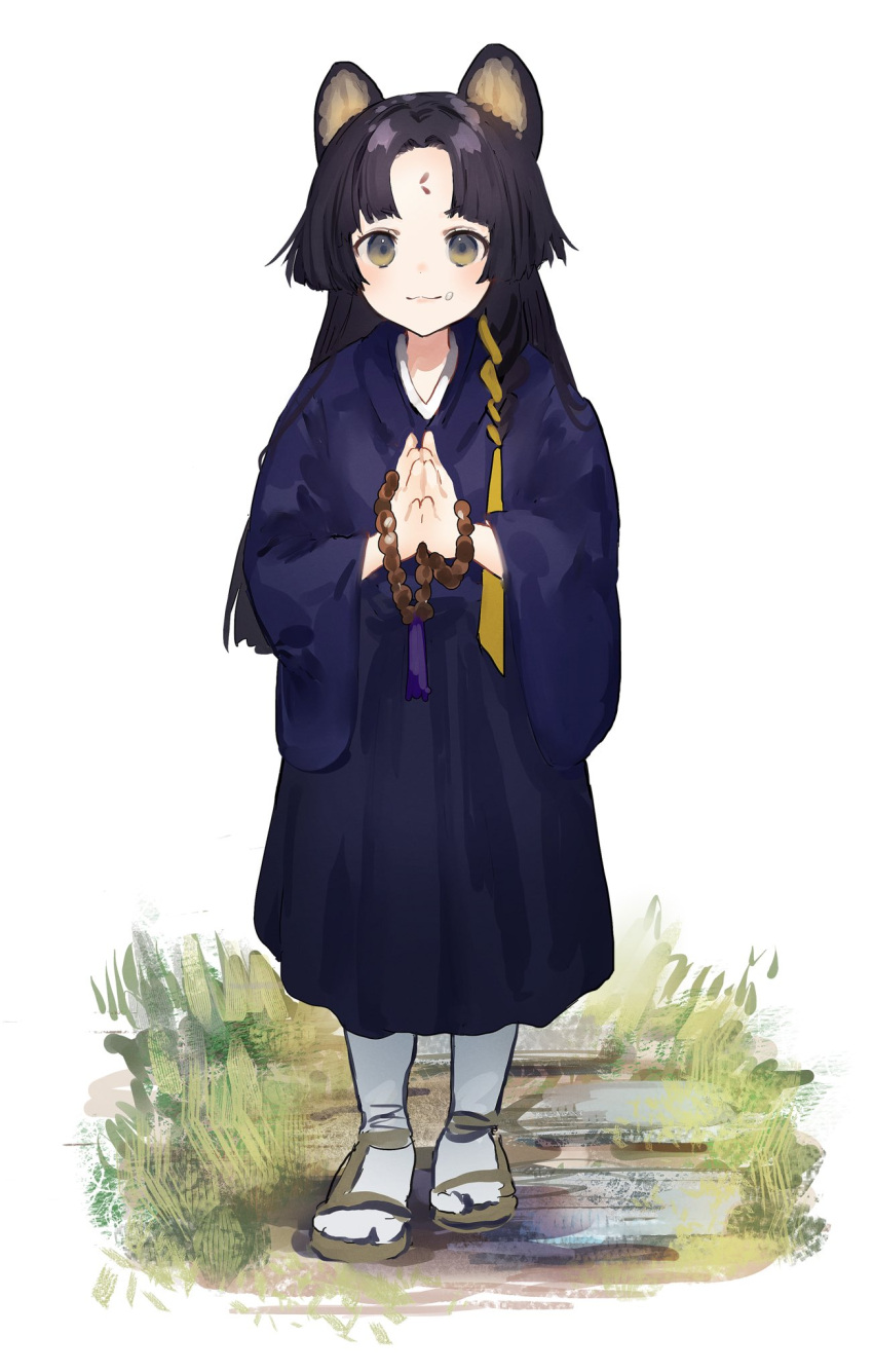 1girl animal_ears arknights bangs beads black_hair blue_kimono blush braid brown_eyes brown_footwear closed_mouth commentary_request dog_ears facial_mark food food_on_face forehead_mark full_body hair_ribbon highres japanese_clothes kimono long_hair long_sleeves looking_at_viewer nanaponi palms_together parted_bangs prayer_beads ribbon ribbon_braid rice rice_on_face saga_(arknights) sandals side_braid single_braid smile socks solo standing tabi very_long_hair white_background white_legwear wide_sleeves yellow_ribbon younger