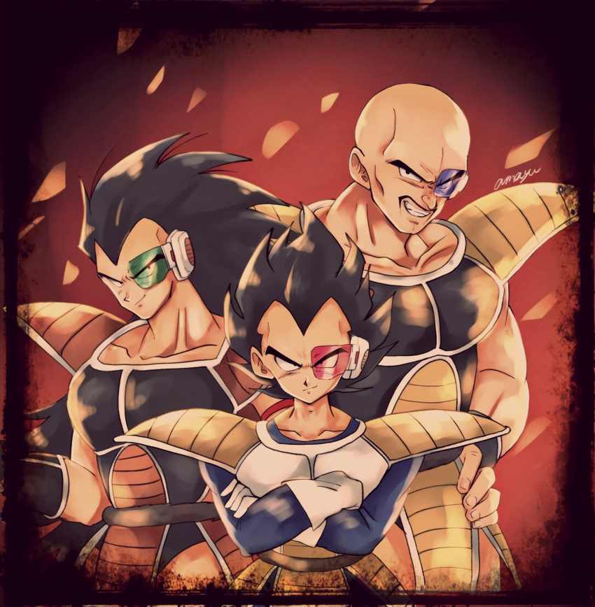 3boys amayu_(amaamailust) armor bald black_eyes black_hair closed_mouth commentary_request cowboy_shot crossed_arms dragon_ball dragon_ball_z facial_hair gloves grin highres long_hair looking_at_viewer male_focus multiple_boys muscular muscular_male mustache nappa raditz saiyan saiyan_armor scouter shoulder_pads signature smile spiked_hair upper_body vegeta white_gloves