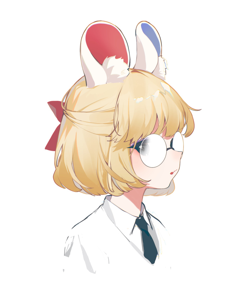 1girl animal_crossing animal_ear_fluff animal_ears arin_(fanfan013) bangs black_eyes black_necktie blonde_hair blush bow coat collared_shirt commentary hair_bow highres labcoat looking_at_viewer mouse_ears mouse_girl necktie personification petri_(animal_crossing) red_bow shirt short_hair sidelocks solo symbol-only_commentary upper_body white_coat white_shirt