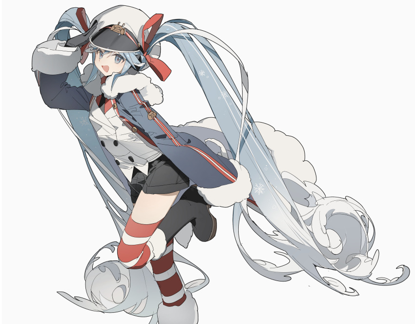 1girl absurdly_long_hair absurdres bike_shorts black_gloves black_necktie black_shorts blue_coat boots buttons coat commentary double-breasted from_side fur-trimmed_boots fur-trimmed_coat fur_trim gloves hair_ribbon hand_on_headwear hand_up hat hatsune_miku highres jacket light_blue_eyes light_blue_hair long_hair looking_at_viewer military military_uniform multicolored_hair naval_uniform necktie open_mouth peaked_cap red_legwear red_ribbon red_shirt ribbon sailor shirt shorts smile snowflake_print solo standing standing_on_one_leg striped striped_legwear symbol-only_commentary thighhighs uniform very_long_hair vocaloid white_background white_hair white_headwear white_jacket white_legwear yuki_miku yuki_miku_(2022) zhibuji_loom