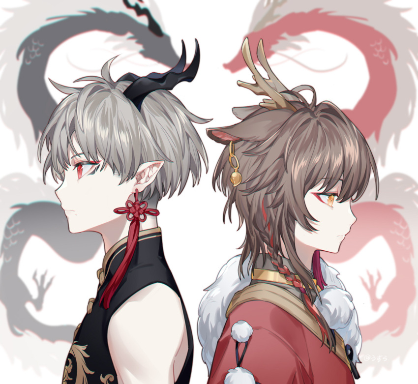 2boys anchun_(quail0503) animal_ears antlers back-to-back bangs bare_shoulders bell bell_earrings black_hair braid brown_hair chinese_clothes chinese_commentary dragon dragon_boy dragon_horns earrings eastern_dragon eyeliner facial_mark from_side frown fur grey_hair highres horns jewelry looking_afar looking_away looking_down makeup multicolored_hair multiple_boys original pointy_ears pom_pom_(clothes) profile red_eyes red_hair short_hair short_hair_with_long_locks side_braid single_braid sleeveless streaked_hair tassel tassel_earrings toggles upper_body white_background yellow_eyes