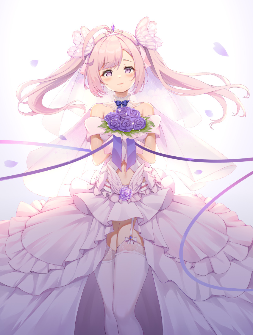1girl :3 absurdres ahoge azur_lane bangs bare_shoulders blue_ribbon blush bouquet breasts bride butterfly_hair_ornament chinese_commentary choker closed_mouth commentary_request cowboy_shot dress eyebrows_visible_through_hair floating_hair garter_straps gloves hair_between_eyes hair_ornament head_tilt highres holding holding_bouquet kanon_12361024 long_hair looking_at_viewer navel pink_hair purple_eyes ribbon ribbon_choker saratoga_(azur_lane) sidelocks simple_background skindentation small_breasts smile solo standing strapless strapless_dress thighhighs tiara twintails wedding_dress white_background white_dress white_gloves white_legwear