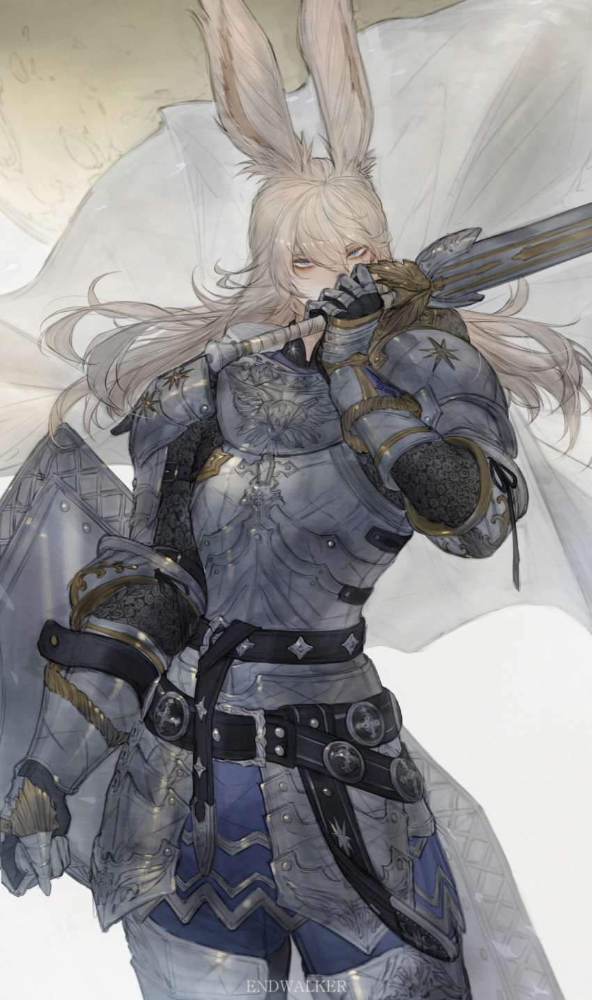 1boy absurdres animal_ears armor avatar_(ffxiv) bangs belt blonde_hair blue_eyes breastplate cape commentary covered_mouth cowboy_shot faulds final_fantasy final_fantasy_xiv gauntlets hand_up highres holding holding_shield holding_sword holding_weapon left-handed leg_armor long_hair looking_at_viewer male_focus moon paladin_(final_fantasy) pauldrons rabbit_ears shield shoulder_armor solo standing sword tladpwl03 viera weapon white_background white_cape