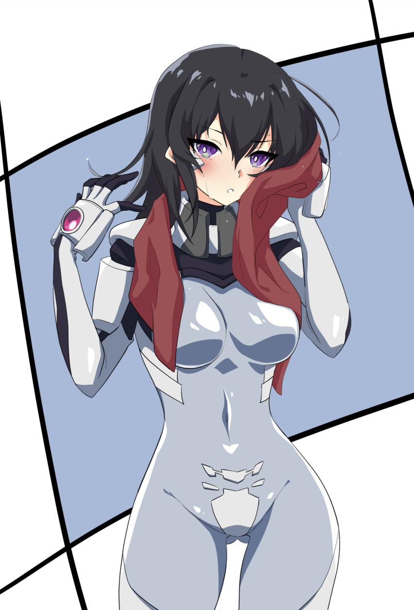 1girl ayamine_kei bangs black_hair blush bodysuit breasts bright_pupils covered_navel fortified_suit grey_bodysuit hair_between_eyes highres kamon_rider looking_at_viewer medium_breasts medium_hair muvluv muvluv_alternative muvluv_alternative_(anime) parted_lips purple_eyes skin_tight solo sweat towel white_background white_pupils wiping_sweat