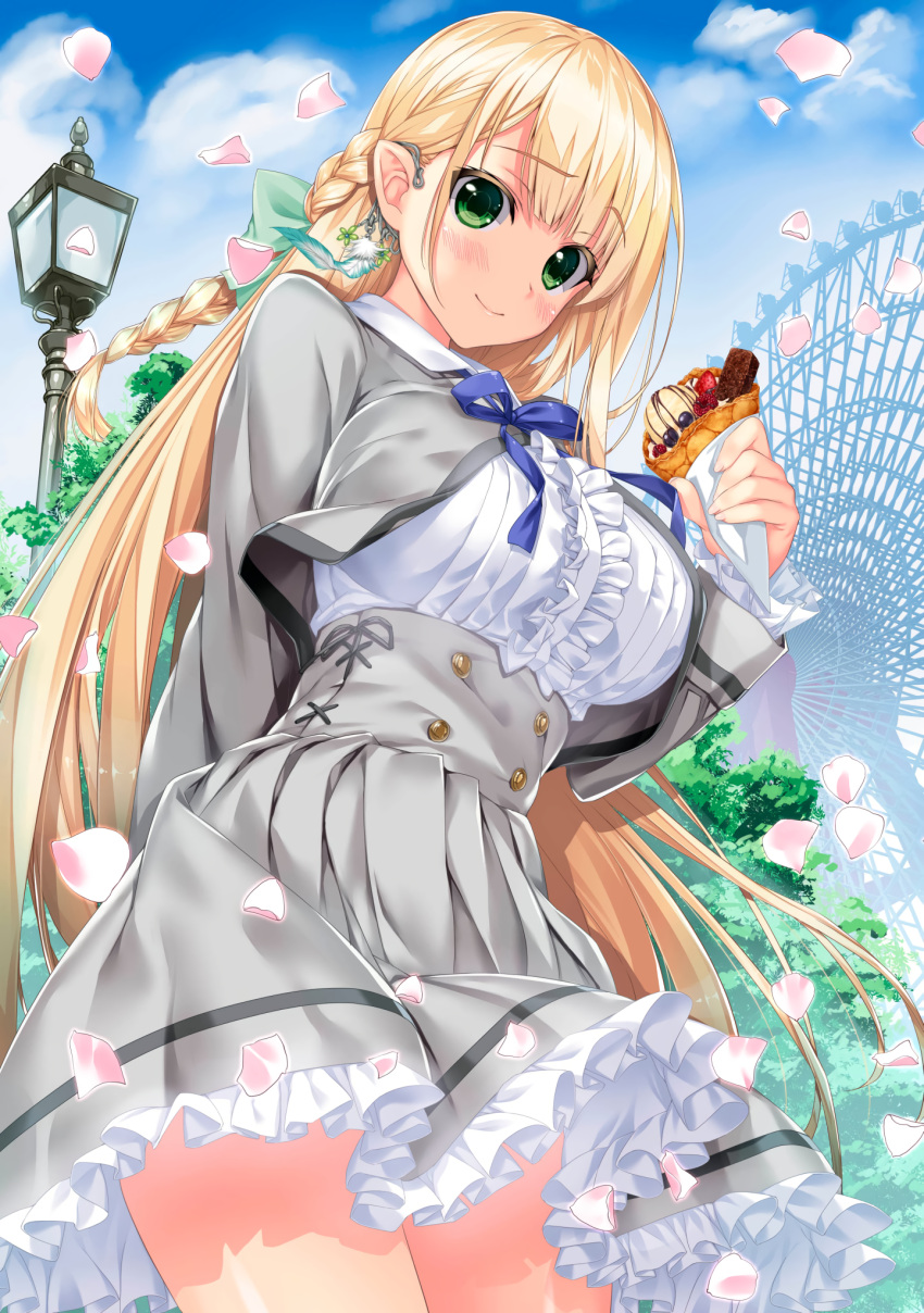 1girl arm_behind_back bangs berry blonde_hair blush braid cowboy_shot crepe day eyebrows_visible_through_hair ferris_wheel food food_wrapper green_eyes grey_skirt highres holding holding_food ice_cream lamppost long_hair long_sleeves looking_at_viewer magical_explorer outdoors petals petticoat pleated_skirt shintarou skirt smile solo third-party_source