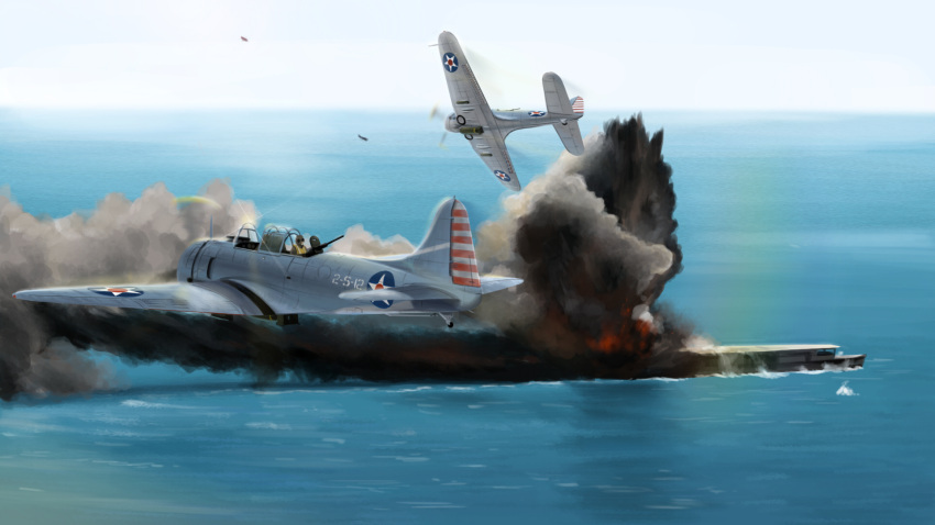 aircraft aircraft_carrier airplane bomb dive_bomber explosion fire gun highres historical_event history imperial_japanese_navy machine_gun military military_vehicle mo_yu_de_jiaozi ocean original pilot propeller roundel sbd_dauntless ship shouhou_(aircraft_carrier) sky smoke star_(symbol) united_states_navy warship watercraft waves weapon world_war_ii