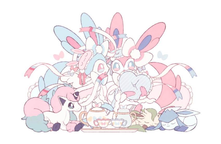 alternate_color blue_eyes bow cup frilled_pillow frills galarian_ponyta glaceon highres holding holding_pillow leafeon mokocha no_humans pillow pink_bow pink_eyes pokemon pokemon_(creature) pom_pom_(clothes) shiny_pokemon sleep_mask sleeping sylveon teacup teapot tray unicorn white_bow