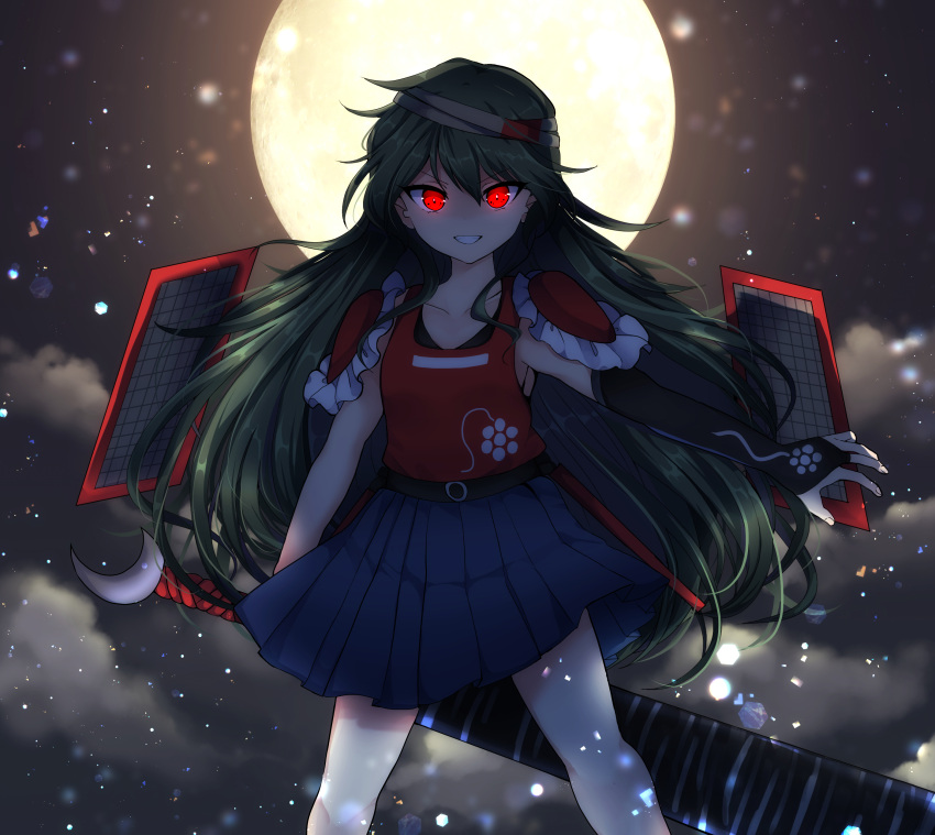 1other absurdres androgynous elbow_gloves full_moon gloves greatsword green_hair hakama hakama_short_skirt hakama_skirt highres holding holding_sword holding_weapon huge_weapon japanese_clothes len'en long_hair looking_at_viewer moon night night_sky ougi_hina outdoors pointy_ears red_eyes shoulder_pads skirt sky solo sword taira_no_fumikado very_long_hair weapon