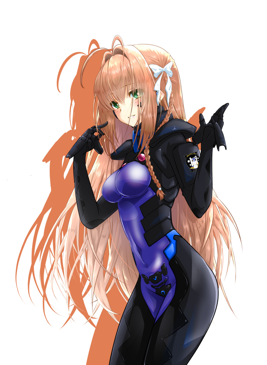 1girl antenna_hair bow braid breasts bright_pupils brown_hair covered_navel fortified_suit from_side green_eyes hair_bow hair_intakes highres kamon_rider kimi_ga_nozomu_eien long_hair looking_at_viewer medium_breasts muvluv muvluv_alternative pilot_suit pointing side_braid smile solo suzumiya_haruka very_long_hair white_background white_bow white_pupils