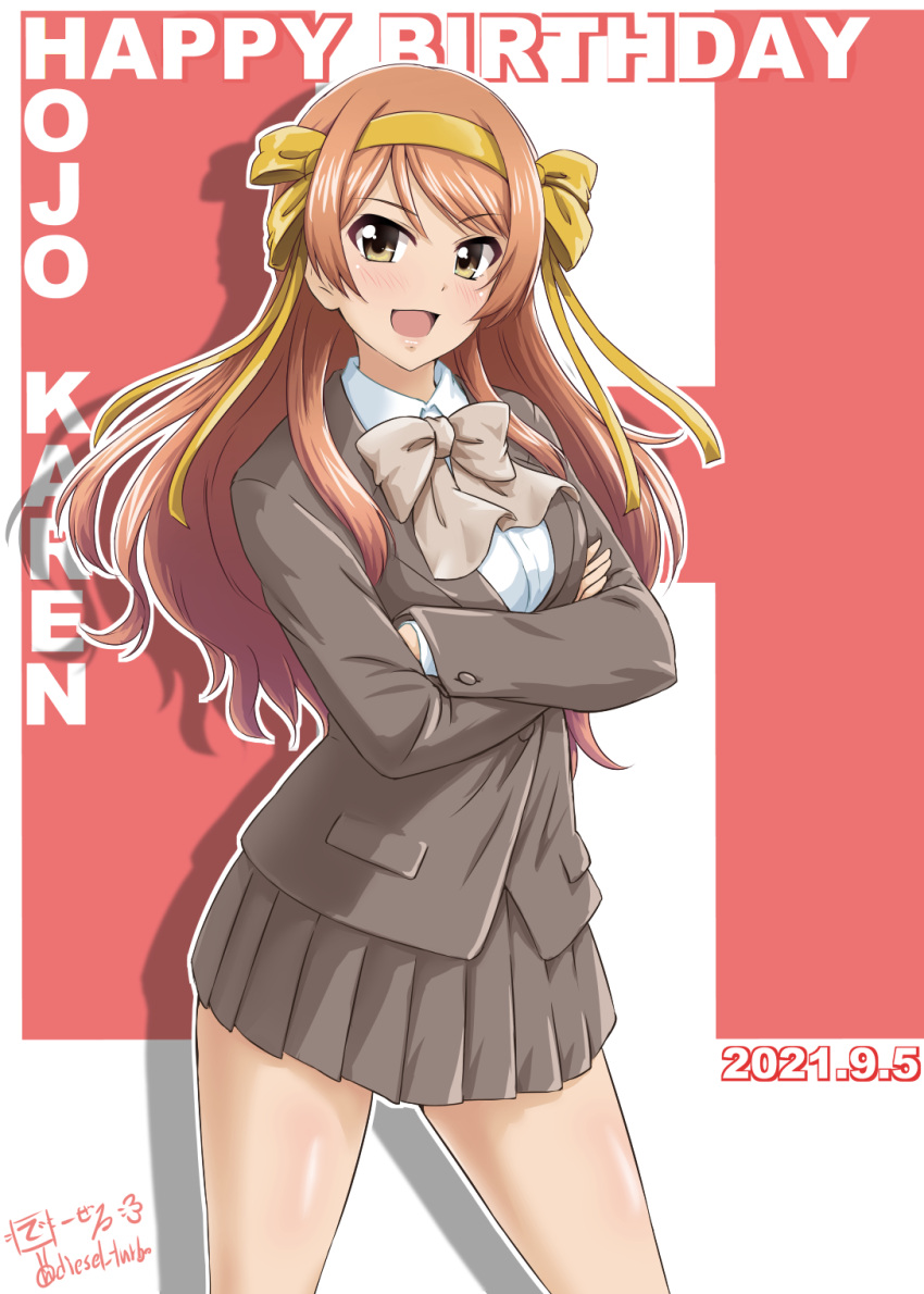 1girl artist_name bangs blazer bow bowtie brown_eyes brown_hair character_name commentary_request cosplay cowboy_shot crossed_arms dated diesel-turbo dress_shirt english_text grey_jacket grey_skirt hair_ribbon happy_birthday highres hojo_karen idolmaster idolmaster_cinderella_girls jacket kouyouen_academy_uniform long_hair looking_at_viewer miniskirt open_mouth partial_commentary pleated_skirt ribbon school_uniform shadow shirt signature skirt smile solo standing suzumiya_haruhi suzumiya_haruhi_(cosplay) suzumiya_haruhi_no_shoushitsu suzumiya_haruhi_no_yuuutsu swept_bangs white_shirt wing_collar yellow_ribbon