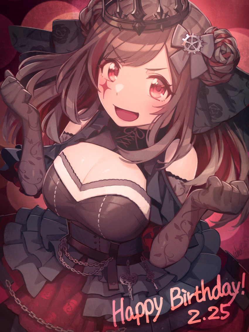 1girl bow breasts brown_hair chain cleavage dated dress eyebrows_visible_through_hair facial_mark flower gloves hair_bow hair_flower hair_ornament happy_birthday highres idolmaster idolmaster_shiny_colors lace lace_gloves large_breasts long_hair looking_at_viewer open_mouth see-through smile solo tsukioka_kogane ubo_(ubo_tales)