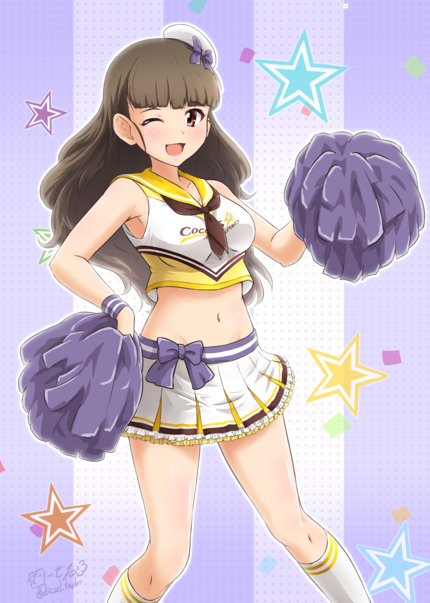 1girl ;d alternate_hairstyle artist_name bangs beret blunt_bangs bow_skirt brown_hair cheerleader coco's commentary_request diesel-turbo double_horizontal_stripe frilled_skirt frills hat highres holding holding_pom_poms idolmaster idolmaster_cinderella_girls kamiya_nao kneehighs logo long_hair looking_at_viewer midriff mini_hat miniskirt navel neckerchief one_eye_closed open_mouth pleated_skirt pom_pom_(cheerleading) pom_pom_(clothes) red_eyes sailor_collar shirt signature skirt sleeveless sleeveless_shirt smile solo standing starry_background tilted_headwear twitter_username white_headwear white_legwear white_shirt wristband yellow_sailor_collar