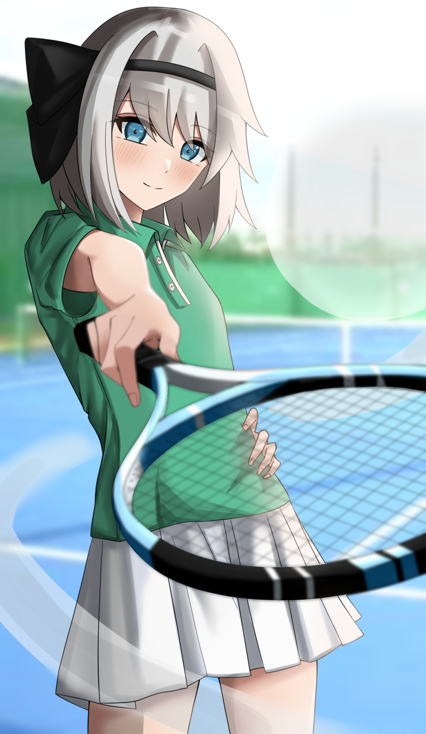 1girl absurdres alternate_costume bangs black_hairband blurry blurry_background blush check_commentary closed_mouth collared_shirt commentary_request depth_of_field eyebrows_visible_through_hair ghost green_eyes green_shirt grey_eyes hairband highres holding holding_racket konpaku_youmu konpaku_youmu_(ghost) looking_at_viewer outdoors racket ramiki shirt short_hair smile solo sportswear tennis_court tennis_racket tennis_uniform touhou