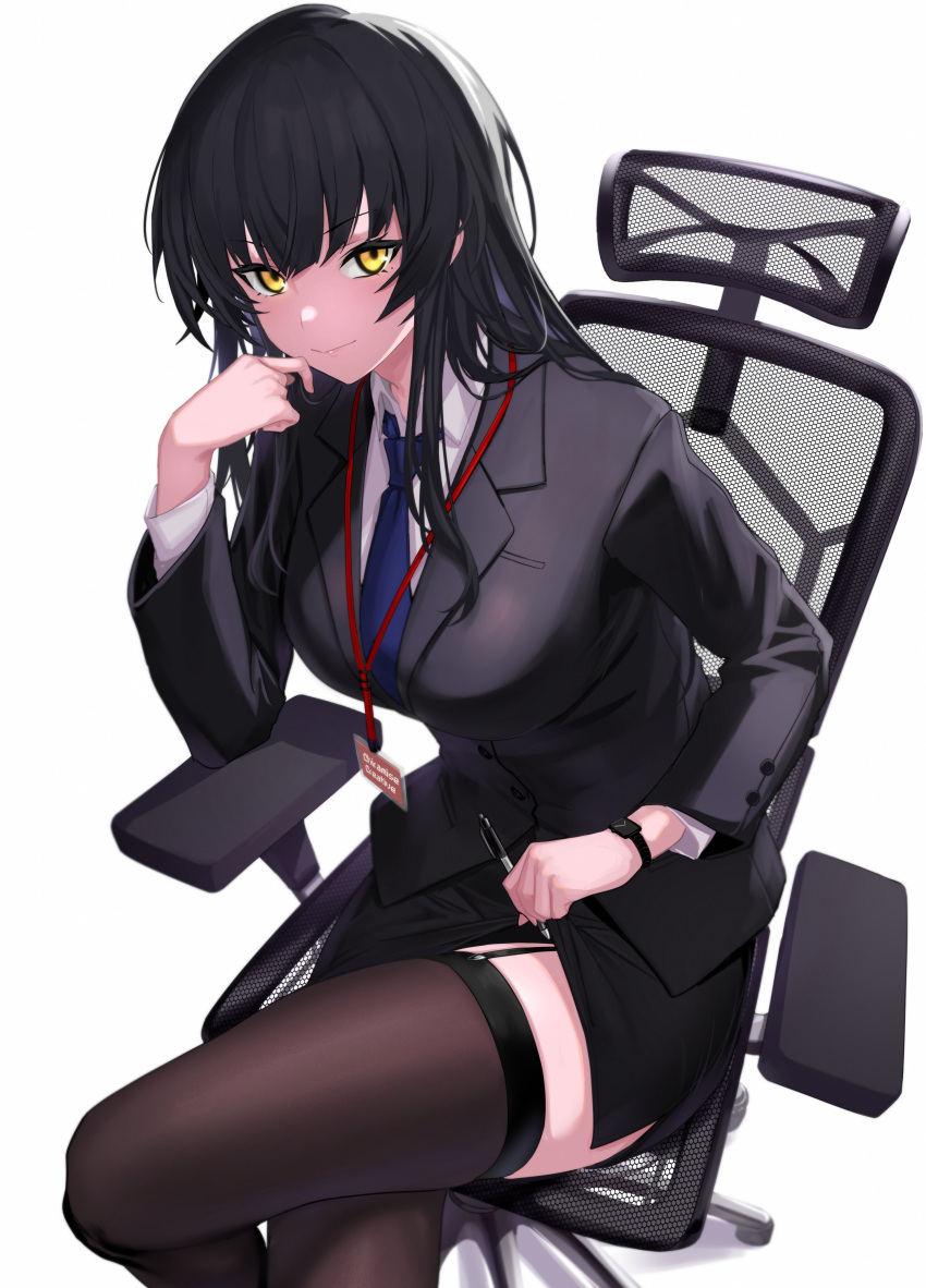 1girl absurdres black_hair black_legwear black_skirt black_suit breasts clothes_lift crossed_legs feet_out_of_frame fishnet_fabric formal highres holding holding_clothes holding_pen holding_skirt id_card lanyard lifted_by_self light_smile long_sleeves looking_at_viewer medium_breasts necktie office_lady on_chair original pen pencil_skirt simple_background sitting skirt skirt_lift straight_hair suit thighhighs ulrich_(tagaragakuin) watch white_background wristwatch yellow_eyes zettai_ryouiki