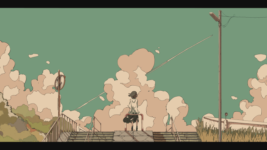 1girl absurdres blue_sky brown_hair cloud grass grey_skirt highres ligne_claire mono_(2_onom) original outdoors road_sign shirt short_hair short_sleeves sign skirt sky solo stairs standing utility_pole white_shirt