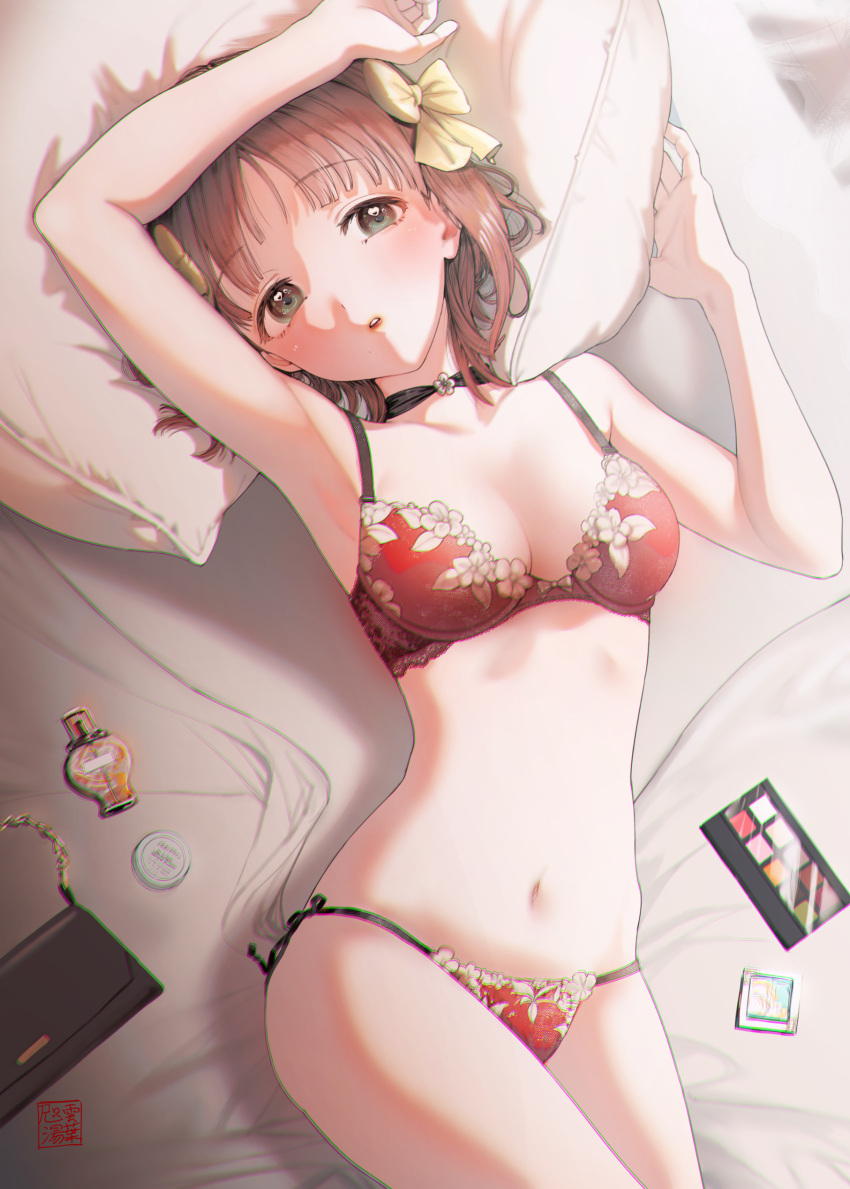 1girl absurdres amami_haruka arm_up armpits artist_name bag bangs bare_arms bare_shoulders bed_sheet black_choker bottle bow bra breasts brown_hair choker chromatic_aberration cleavage collarbone commentary commission compact_(cosmetics) cosmetics cowboy_shot eyebrows_visible_through_hair floral_print flower_choker green_eyes hair_bow hand_up handbag heart heart_in_eye highres idolmaster idolmaster_(classic) looking_at_viewer lying medium_breasts navel on_back panties parted_lips perfume_bottle pillow pixiv_request print_bra print_panties red_bra red_panties short_hair side-tie_panties solo stomach string_panties symbol_in_eye takumoyuha underwear underwear_only yellow_bow
