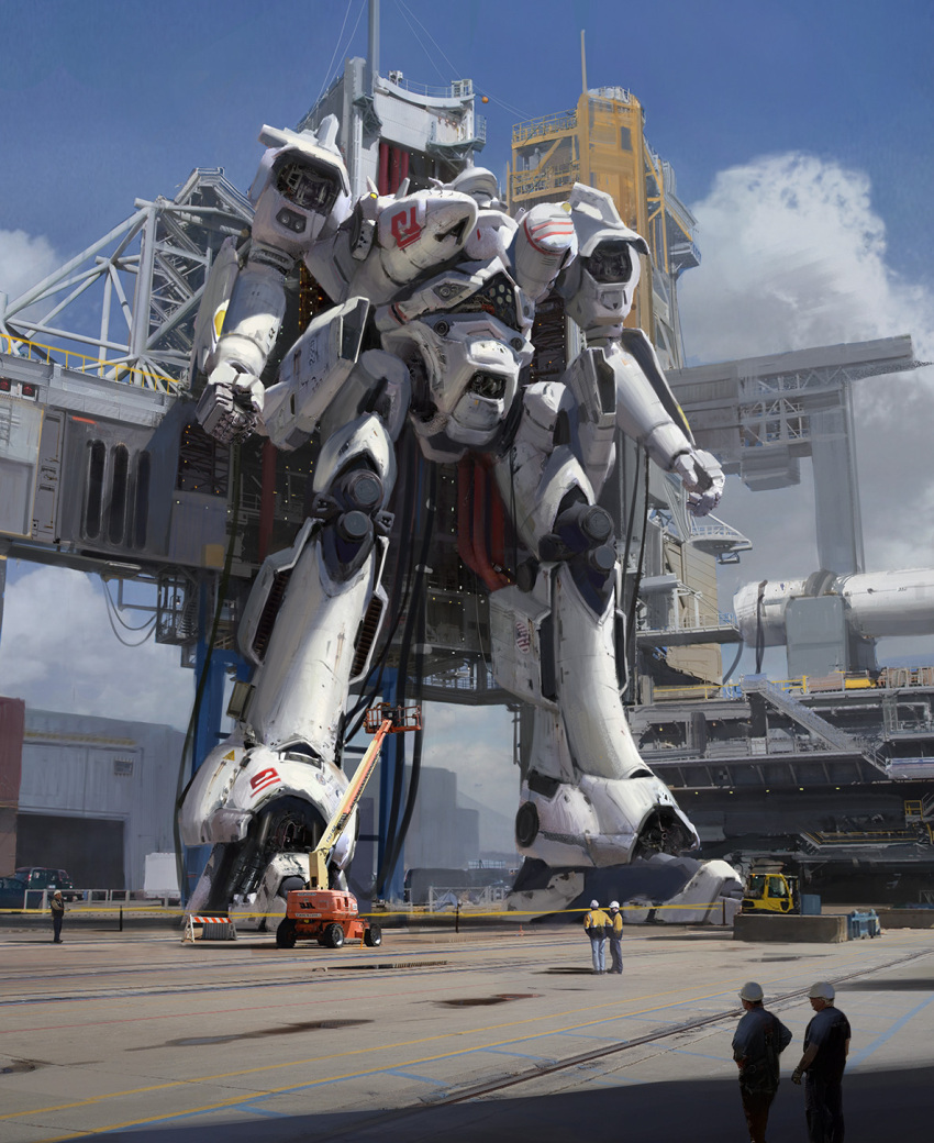 6+boys armored_core clenched_hands cloud forklift ground_vehicle hardhat helmet highres jacket looking_ahead looking_up mecha motor_vehicle multiple_boys photorealistic photoshop_(medium) science_fiction shuo_shi standing truck yellow_jacket