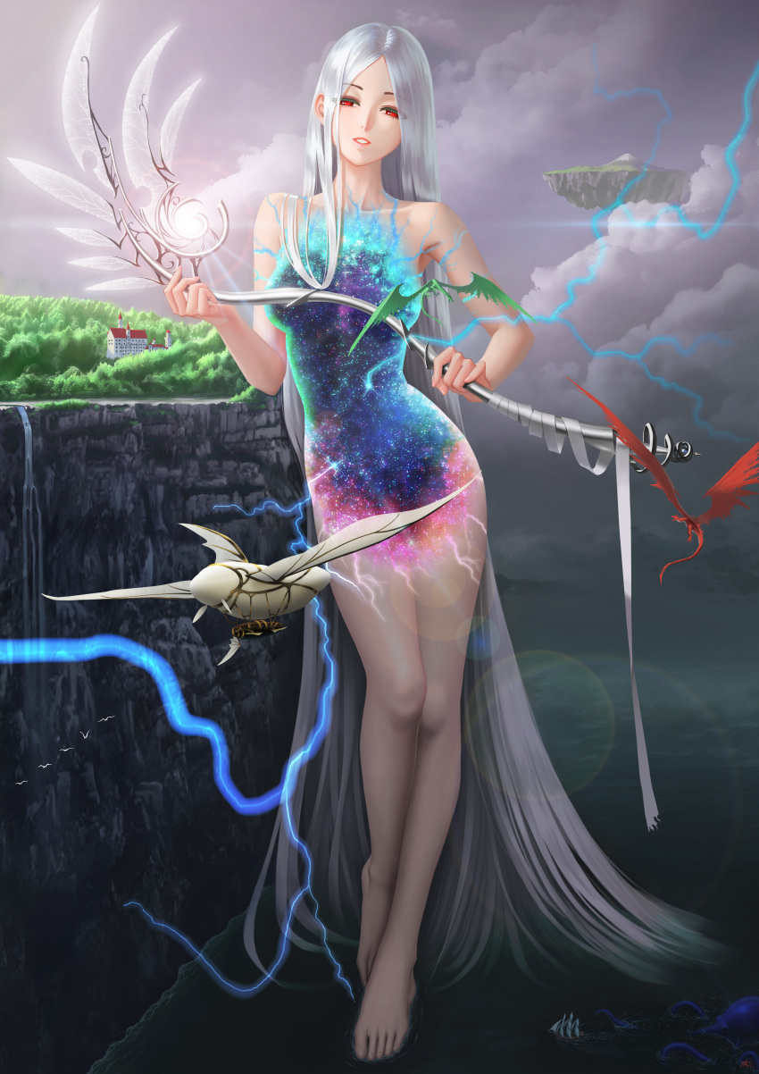 1girl absurdly_long_hair absurdres aircraft albino barefoot bird cliff cloud cloudy_sky collarbone commentary_request completely_nude darkmuleth dirigible dragon electricity fantasy floating_island flock full_body giant giantess glint goddess hair_flowing_over half-closed_eyes highres holding holding_scythe house leaning_to_the_side legs lightning long_hair looking_at_viewer nude ocean octopus original outdoors parted_lips red_eyes science_fiction scythe ship shore sky solo space standing standing_on_one_leg star_(sky) straight_hair very_long_hair water watercraft waterfall white_hair wings
