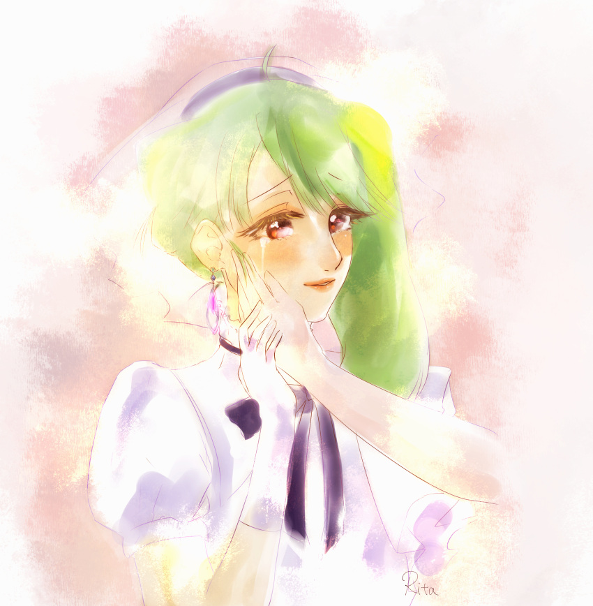 1girl absurdres black_bow blush bow brown_eyes crying crying_with_eyes_open dress eyebrows_visible_through_hair gloves green_hair hand_on_another's_face highres macross macross_frontier macross_frontier:_toki_no_meikyu parted_lips portrait ranka_lee rita_(love_giorno) solo_focus tears veil white_dress white_gloves