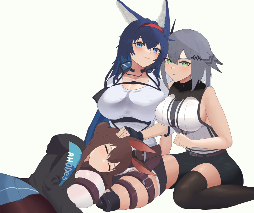 3girls absurdres amiya_(arknights) animal_ears arknights bangs bare_shoulders belt black_jacket blaze_(arknights) blue_eyes blue_hair blush breasts brown_hair cat_ears cat_girl chest_belt chest_strap cleavage closed_mouth commentary fingerless_gloves framed_breasts gloves green_eyes grey_hair greythroat_(arknights) hair_between_eyes hairband hand_on_another's_head highres huge_breasts jacket kfsocks large_breasts leggings long_hair looking_at_viewer multiple_girls open_clothes open_jacket open_mouth rabbit_girl red_hairband rhodes_island_logo shirt sideboob simple_background skindentation skirt sleeveless sleeveless_shirt smile tank_top thick_thighs thigh_strap thighhighs thighs white_background white_tank_top zettai_ryouiki