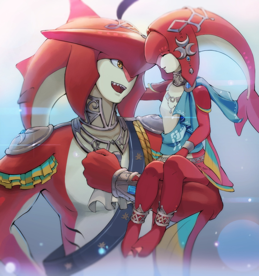 1boy 1girl :d bangs breasts brother_and_sister closed_eyes collarbone colored_skin facing_another fins fish_girl grey_background gxp hair_ornament happy highres jewelry long_hair mipha monster_girl multicolored_skin no_eyebrows pointy_ears red_skin sharp_teeth shoulder_plates siblings sidon sitting smile teeth the_legend_of_zelda the_legend_of_zelda:_breath_of_the_wild upper_teeth yellow_eyes zora