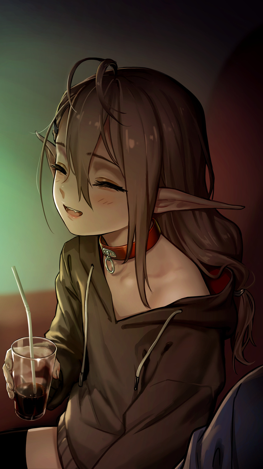 1girl :o antenna_hair as109 blush brown_hair closed_eyes collarbone drinking_straw elf glass highres hood hoodie indie_virtual_youtuber laughing long_hair low-tied_long_hair off_shoulder pointy_ears pov shui_lan_er sitting solo thighhighs zettai_ryouiki