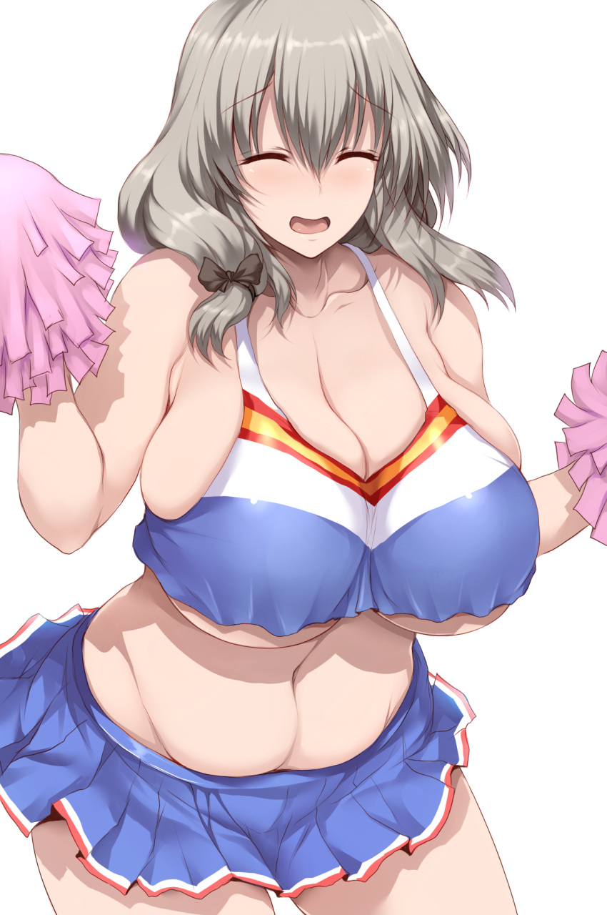 1girl blue_skirt blush breasts cheerleader cleavage closed_eyes collarbone commentary_request crop_top grey_hair highres huge_breasts low_tied_hair mature_female miniskirt older open_mouth pleated_skirt plump pom_pom_(cheerleading) simple_background skirt solo tsukasawa_takamatsu uzaki-chan_wa_asobitai! uzaki_tsuki white_background