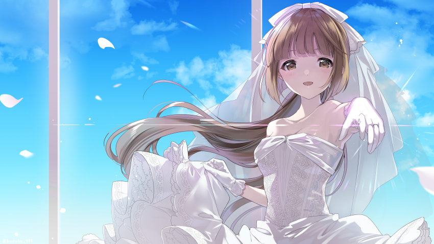 1girl :d absurdres bangs blue_sky blunt_bangs blush bow breasts bridal_veil bride brown_hair cleavage collarbone dress falling_petals floating_hair glint gloves hair_bow highres holding holding_clothes holding_dress idolmaster idolmaster_cinderella_girls jewelry lace-trimmed_dress lace_trim looking_at_viewer off-shoulder_dress off_shoulder petals ponytail ring sky smile solo takeko_spla upper_body veil white_dress white_gloves yorita_yoshino