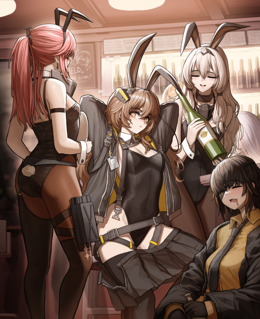 4girls absurdres adjusting_hair alternate_costume an-94_(girls'_frontline) animal_ears bangs bar black_hair black_jacket black_leotard black_necktie blush bottle breasts brown_hair champagne_bottle cheogtanbyeong closed_eyes drooling embarrassed english_commentary english_text eyebrows_visible_through_hair eyepatch fake_animal_ears feet_out_of_frame girls'_frontline gloves hair_between_eyes hair_ornament hairband highres holding holding_bottle id_card indoors jacket jacket_removed leotard long_hair long_sleeves looking_at_viewer m16a1_(girls'_frontline) mask mask_around_neck mod3_(girls'_frontline) mouth_mask multicolored_hair multiple_girls necktie open_mouth orange_hair orange_shirt pantyhose parted_lips pink_hair playboy_bunny rabbit_ears scar scar_across_eye scar_on_face shirt sidelocks silver_hair skirt skirt_removed sleeping smile st_ar-15_(girls'_frontline) streaked_hair table ump45_(girls'_frontline) wine_bottle yellow_eyes