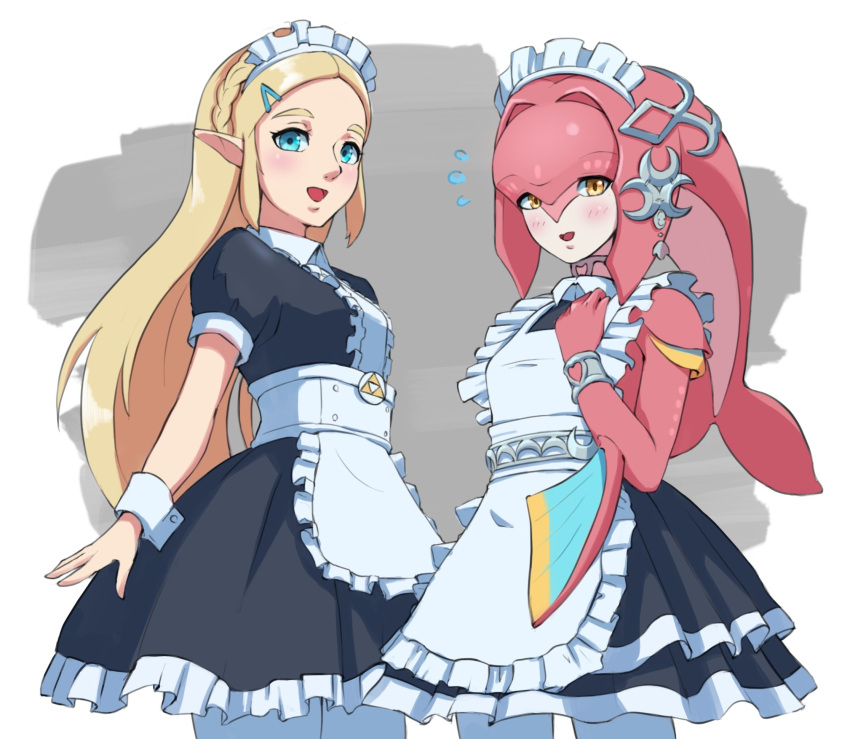 2girls :d alternate_costume apron bangs black_dress blue_eyes blush braid brown_background center_frills colored_skin dress enmaided fins fish_girl flying_sweatdrops frilled_apron frills gxp hair_ornament hairclip hand_up highres looking_at_viewer maid maid_apron maid_headdress mipha monster_girl multiple_girls pantyhose parted_bangs pointy_ears princess_zelda red_skin shiny shiny_hair short_sleeves sidelocks smile the_legend_of_zelda the_legend_of_zelda:_breath_of_the_wild waist_apron white_apron white_background white_legwear zora