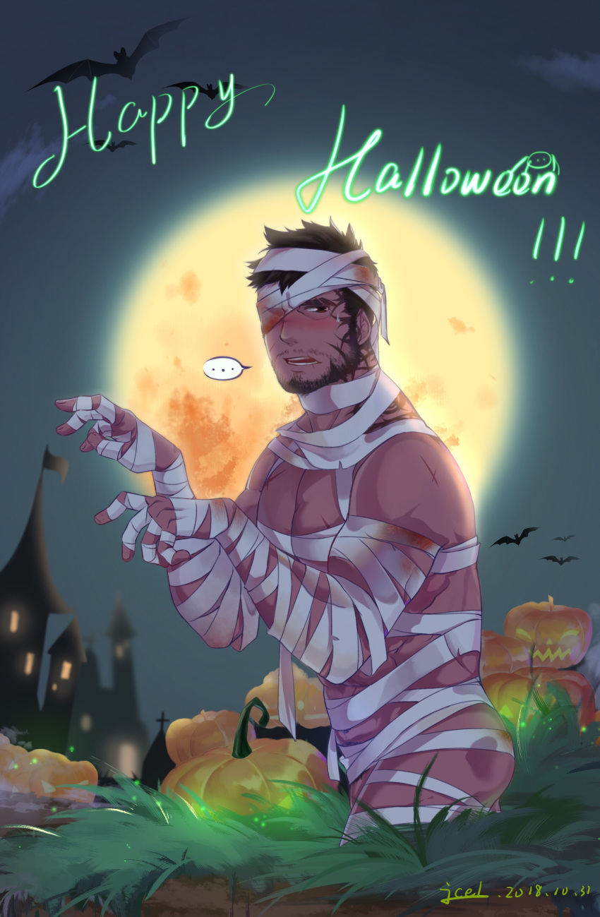 1boy absurdres alternate_costume avenger_(dungeon_and_fighter) bandage_over_one_eye bandages bara beard blush castle dark-skinned_male dark_skin dungeon_and_fighter facial_hair feet_out_of_frame full_moon halloween halloween_costume happy_halloween highres icelernd jack-o'-lantern looking_at_viewer male_focus mature_male moon muscular muscular_male naked_bandage outstretched_arms pectoral_cleavage pectorals priest_(dungeon_and_fighter) revealing_clothes short_hair solo thighs zombie_pose