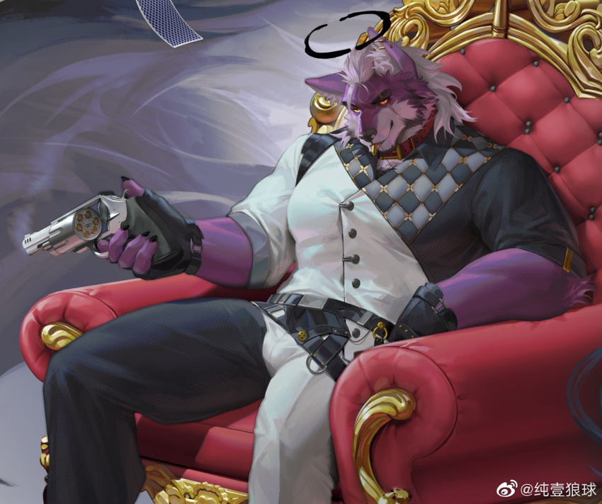 1boy :p animal_ears bara beard belt black_belt bulge chunyilangqiu_(weibo5037617859) costume_request creature facial_hair falling_card feet_out_of_frame fingerless_gloves gloves gun halo head_tilt holding holding_gun holding_weapon large_pectorals male_focus mature_male multicolored_clothes muscular muscular_male original pectorals pink_hair purple_fur short_hair sitting sleeves_rolled_up solo thick_thighs thighs throne tongue tongue_out weapon weapon_request wolf_boy wolf_ears